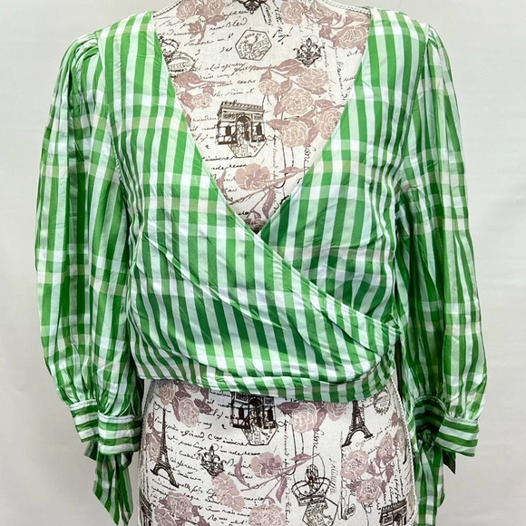 CINQ‎ A SEPT Green and white FLORA gingham surplice crop top size M - Picture 3 of 14